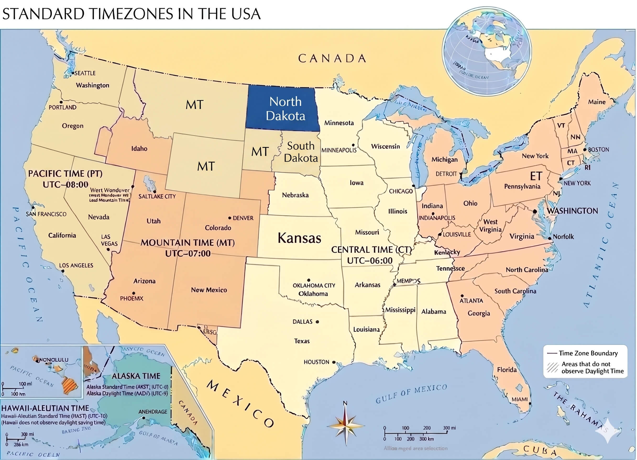 North Dakota time zone map