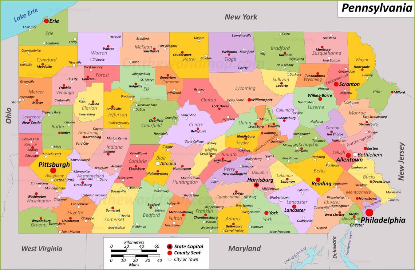 Colorful map of Pennsylvania with cities