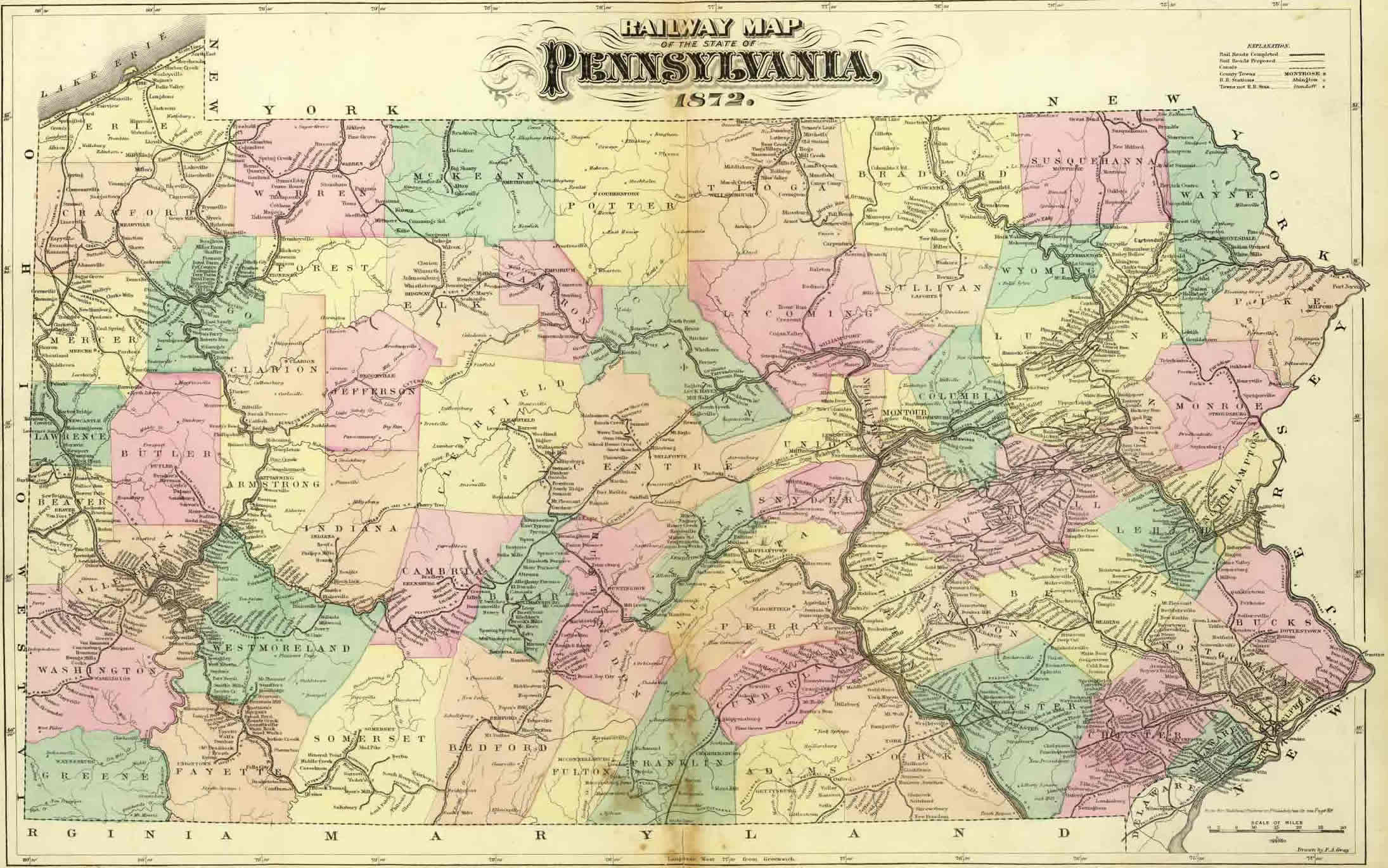 Pennsylvania Cities Map 29 Pennsylvania cities and railway map in 1872
