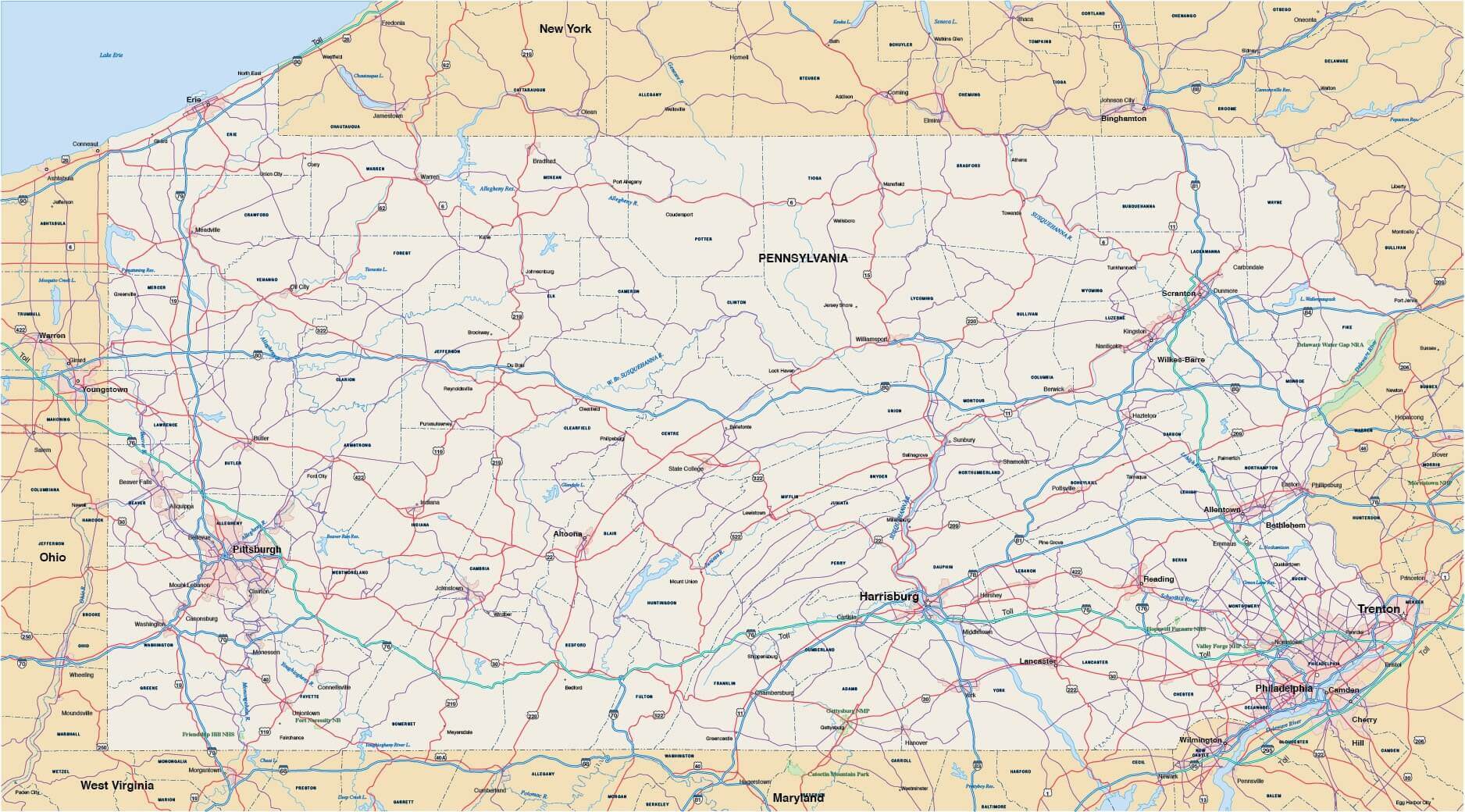 Pennsylvania cities main road map