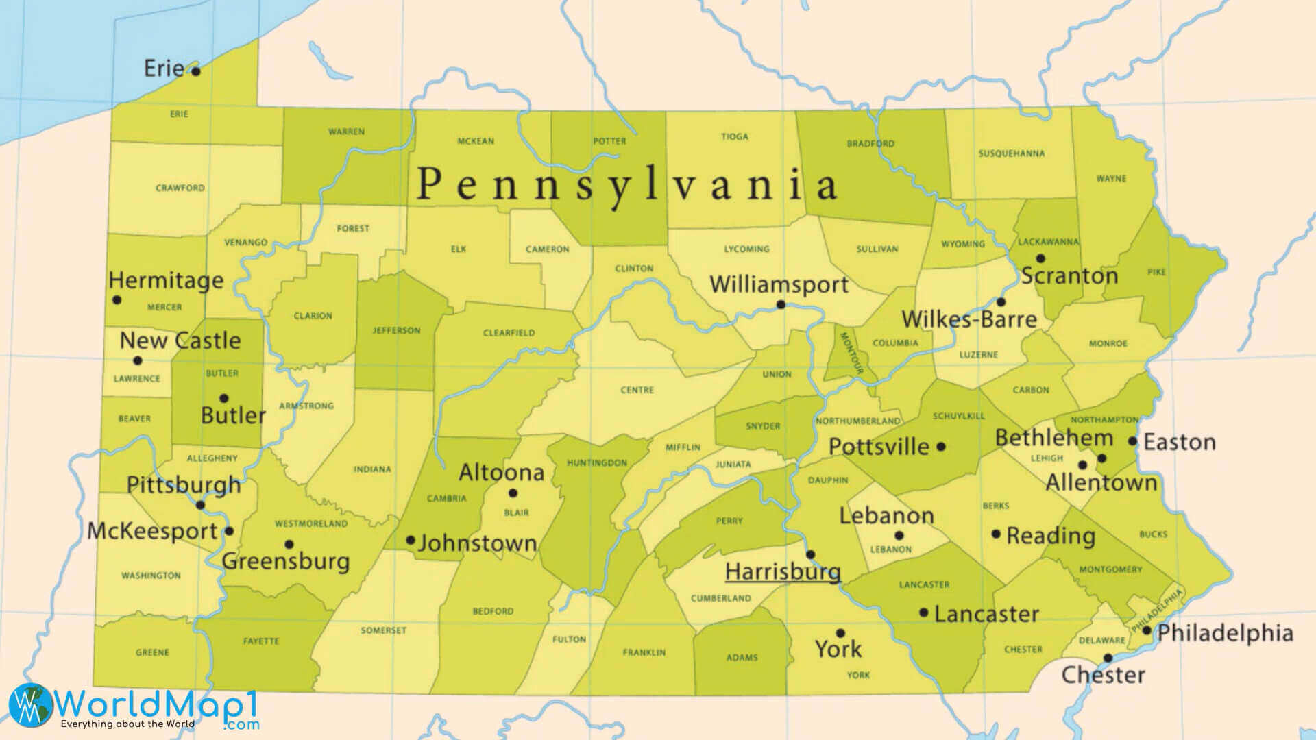 Pennsylvania main cities and counties map