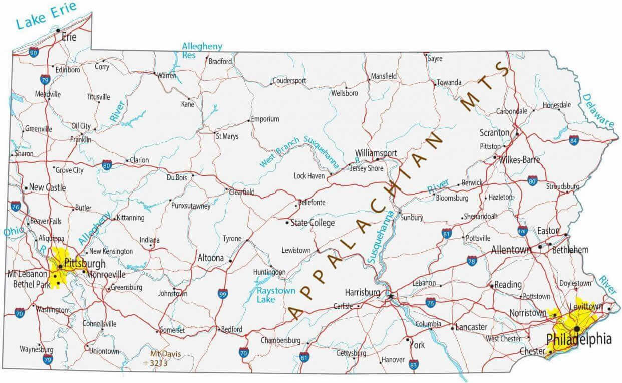 Pennsylvania map with cities