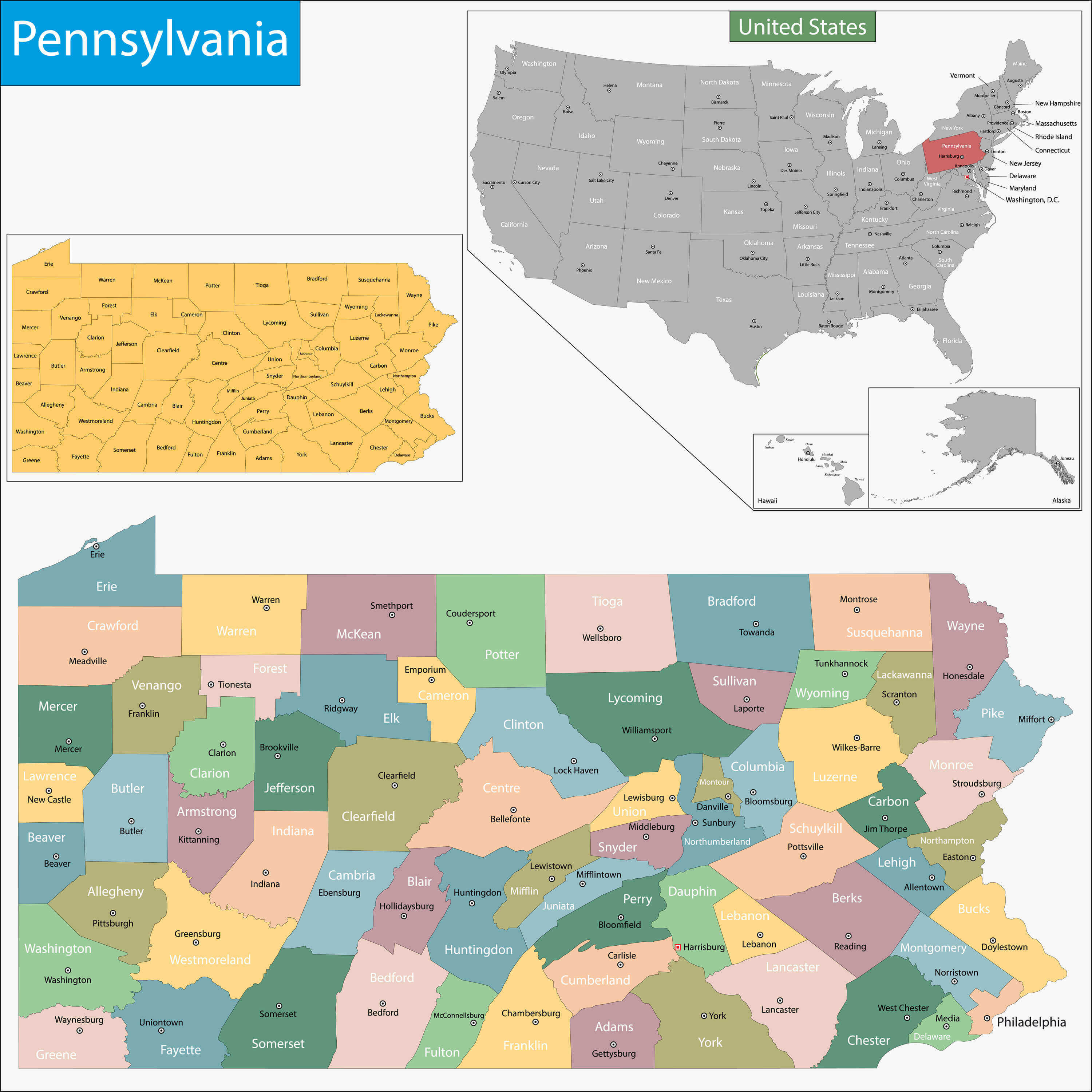 Pennsylvania state map wth cities in the US