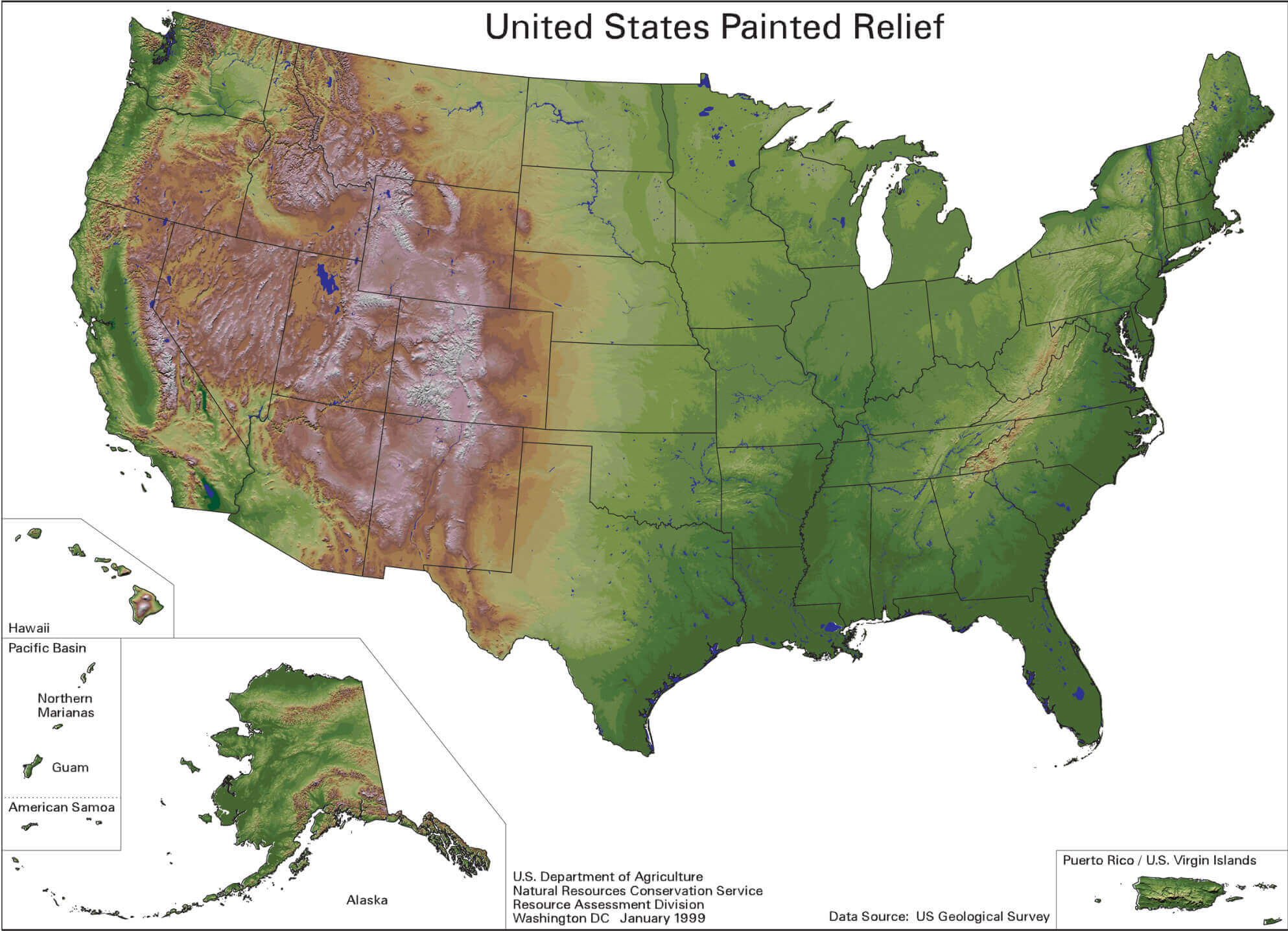 Physical and topographic map of the United States
