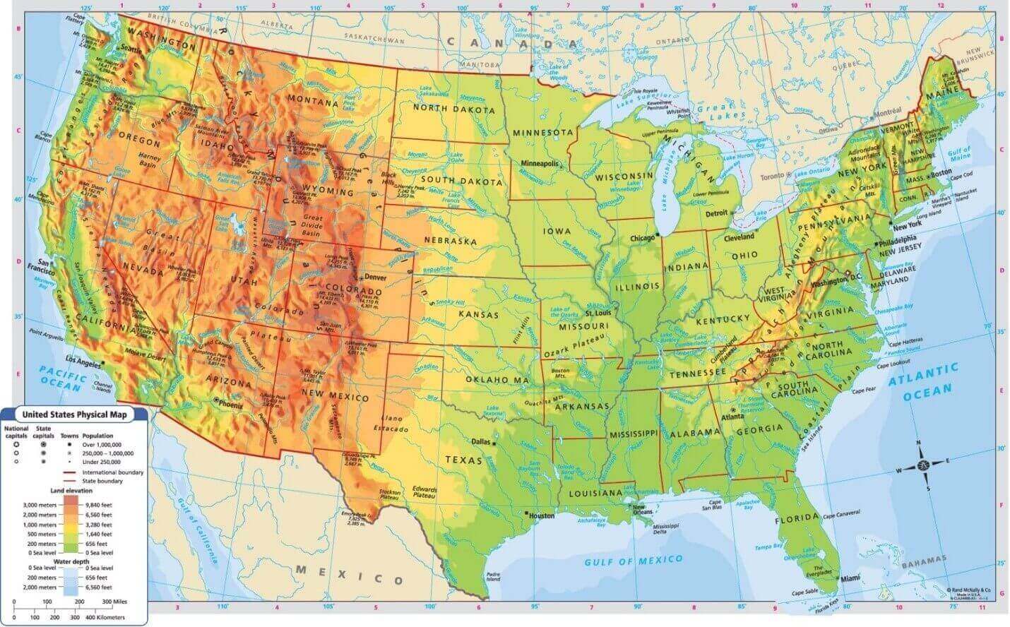 Physical map of United States by land elevation