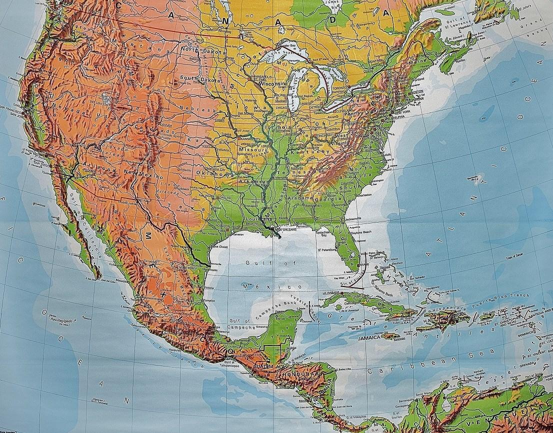 United States of America and central America physical wall map