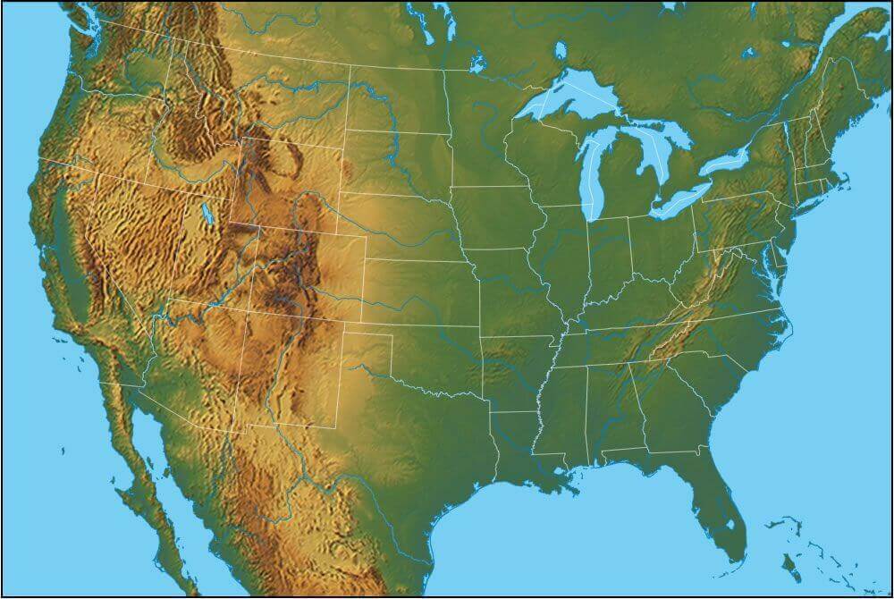 United States of America physical map by states