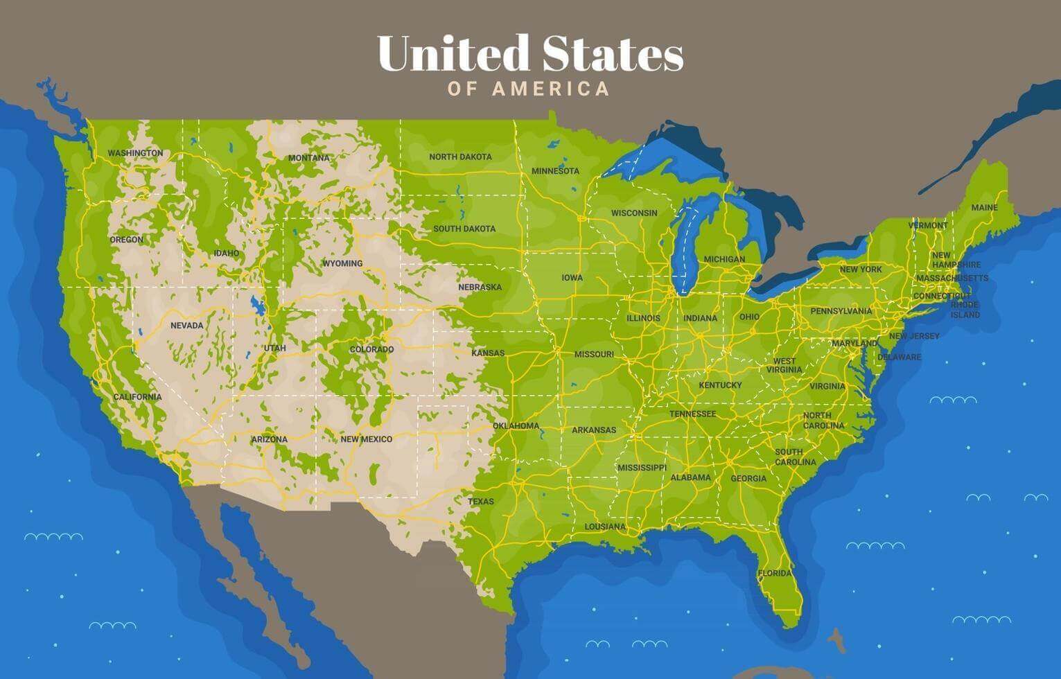 United States of America physical map with free vector