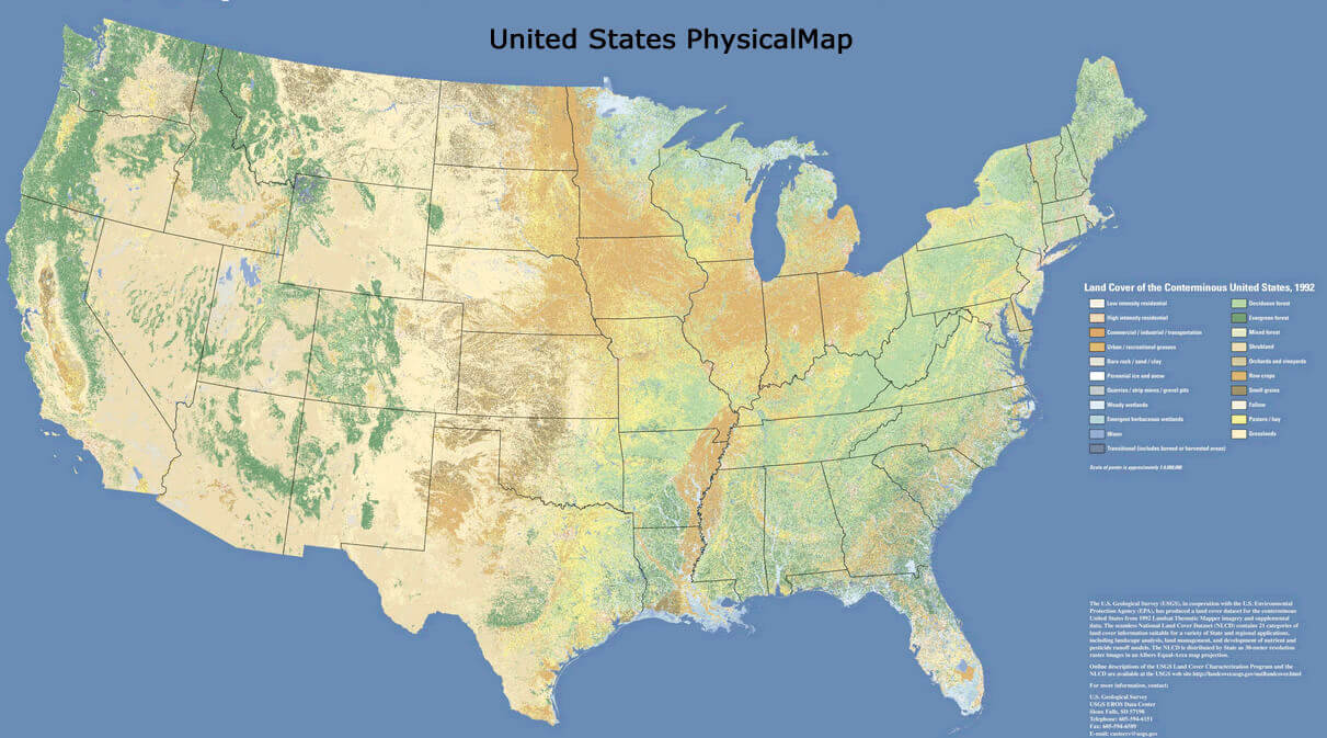 United States physical and lands map