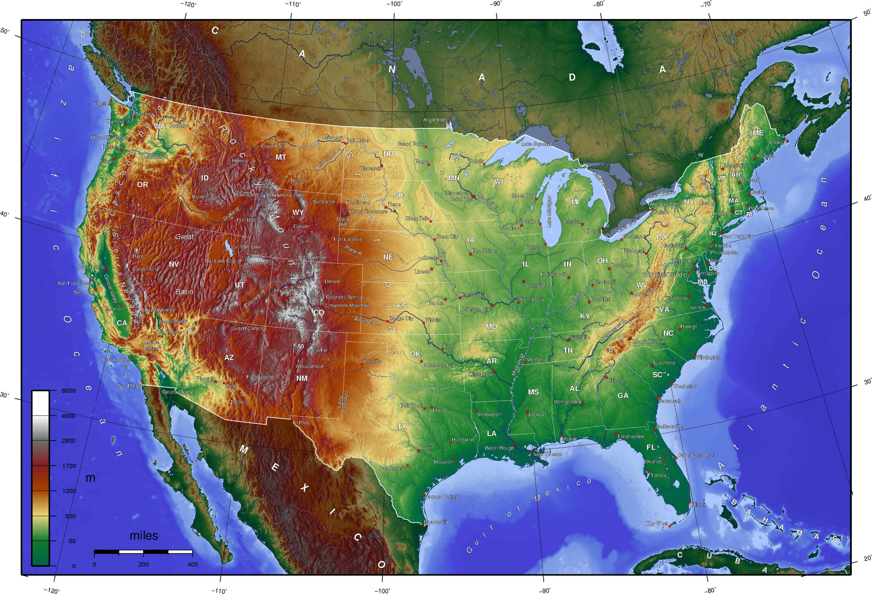 United States physical and topo map