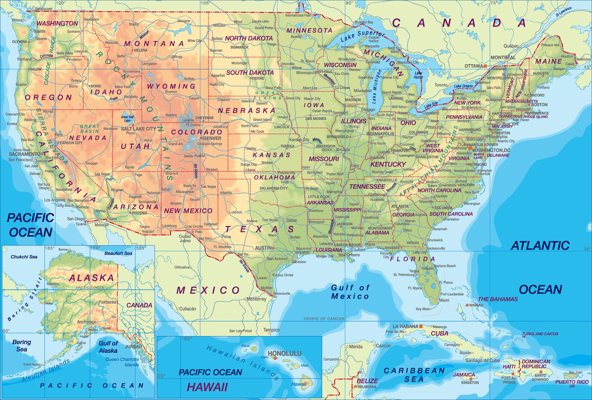 United States physical map in english