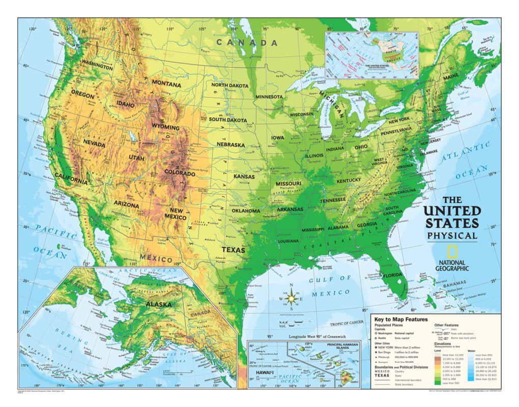 United States physical map with Alaska and Hawaii