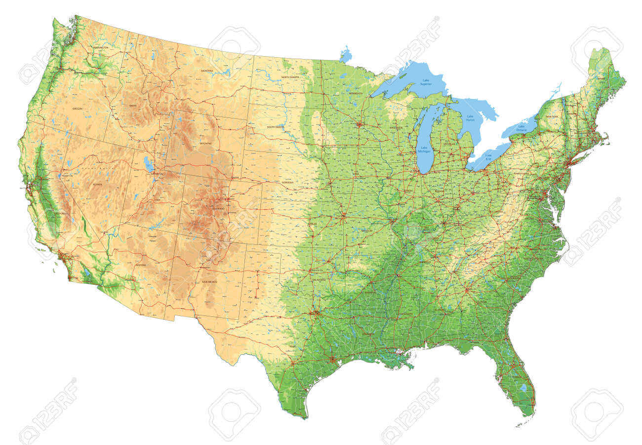 United States physical map with major cities interstate highways