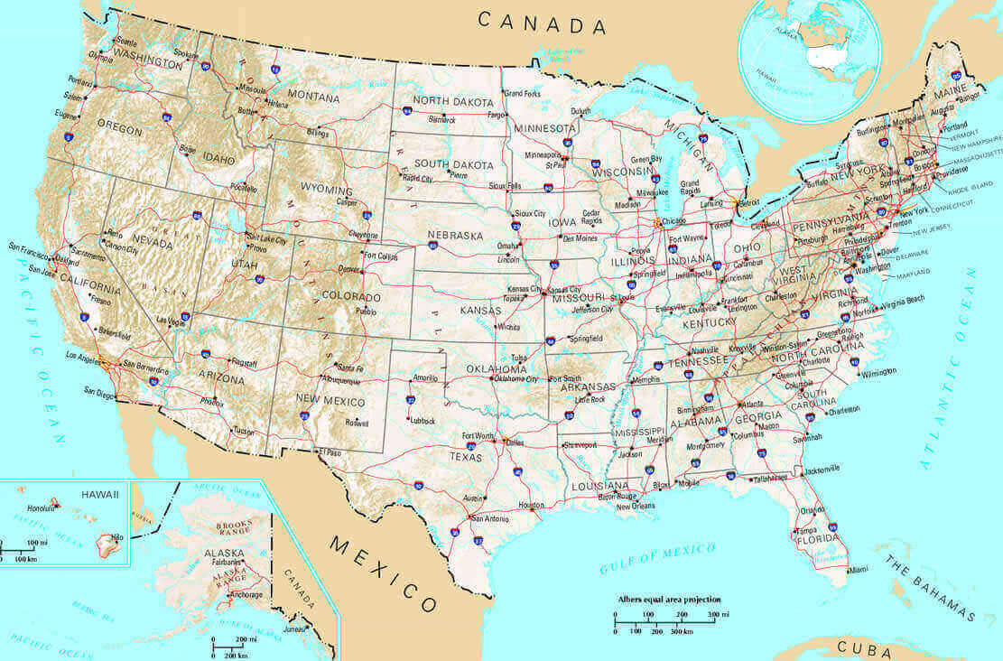 United States physical map with major cities