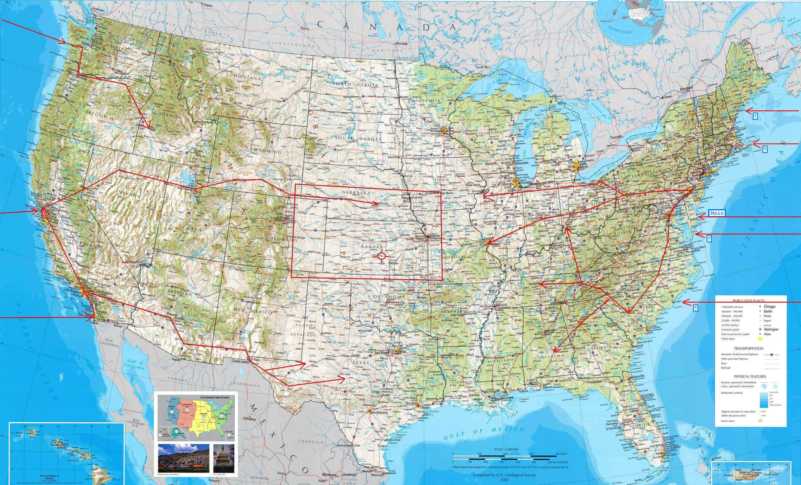 United States physical map with population and transportation