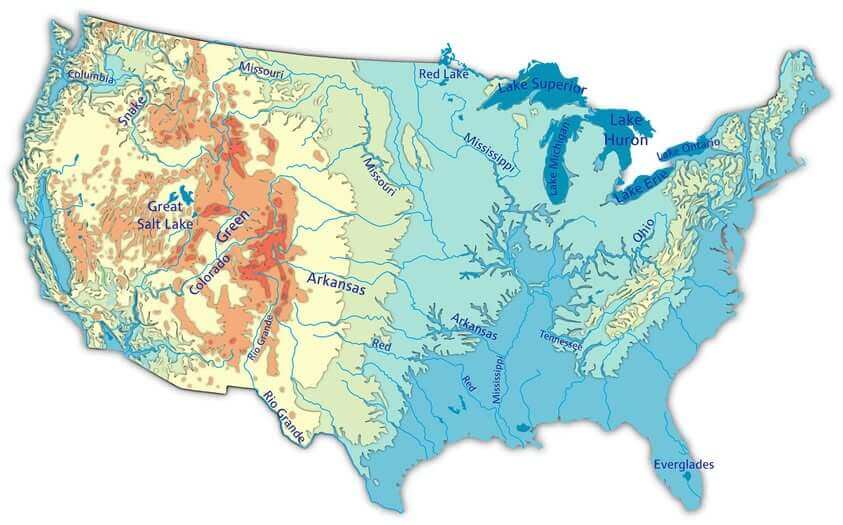 United States physical map with rivers and lakes