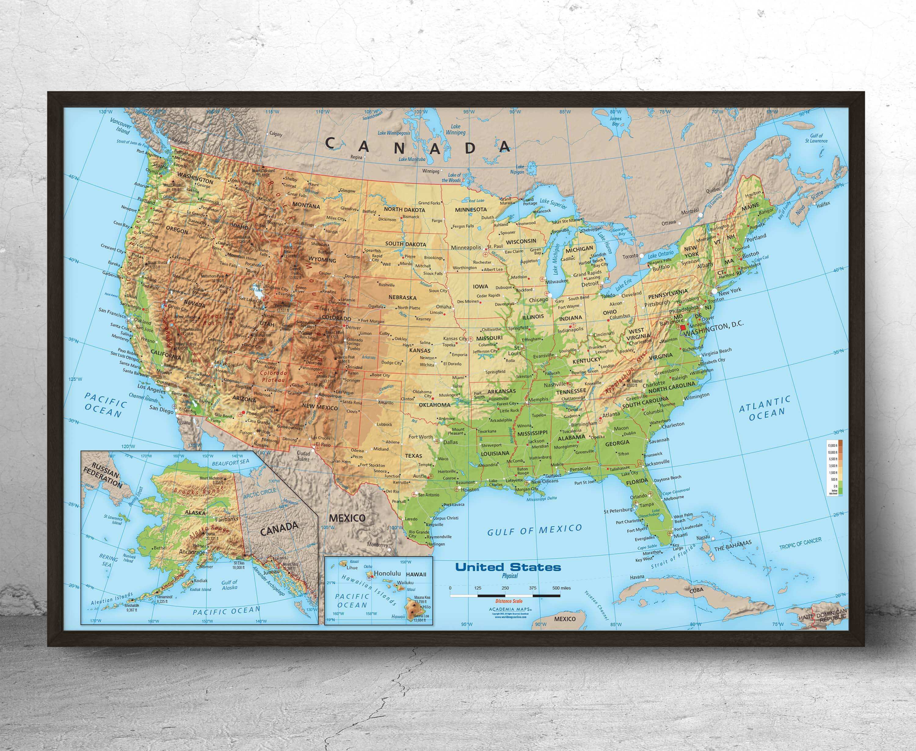 United States physical wall map with black frame