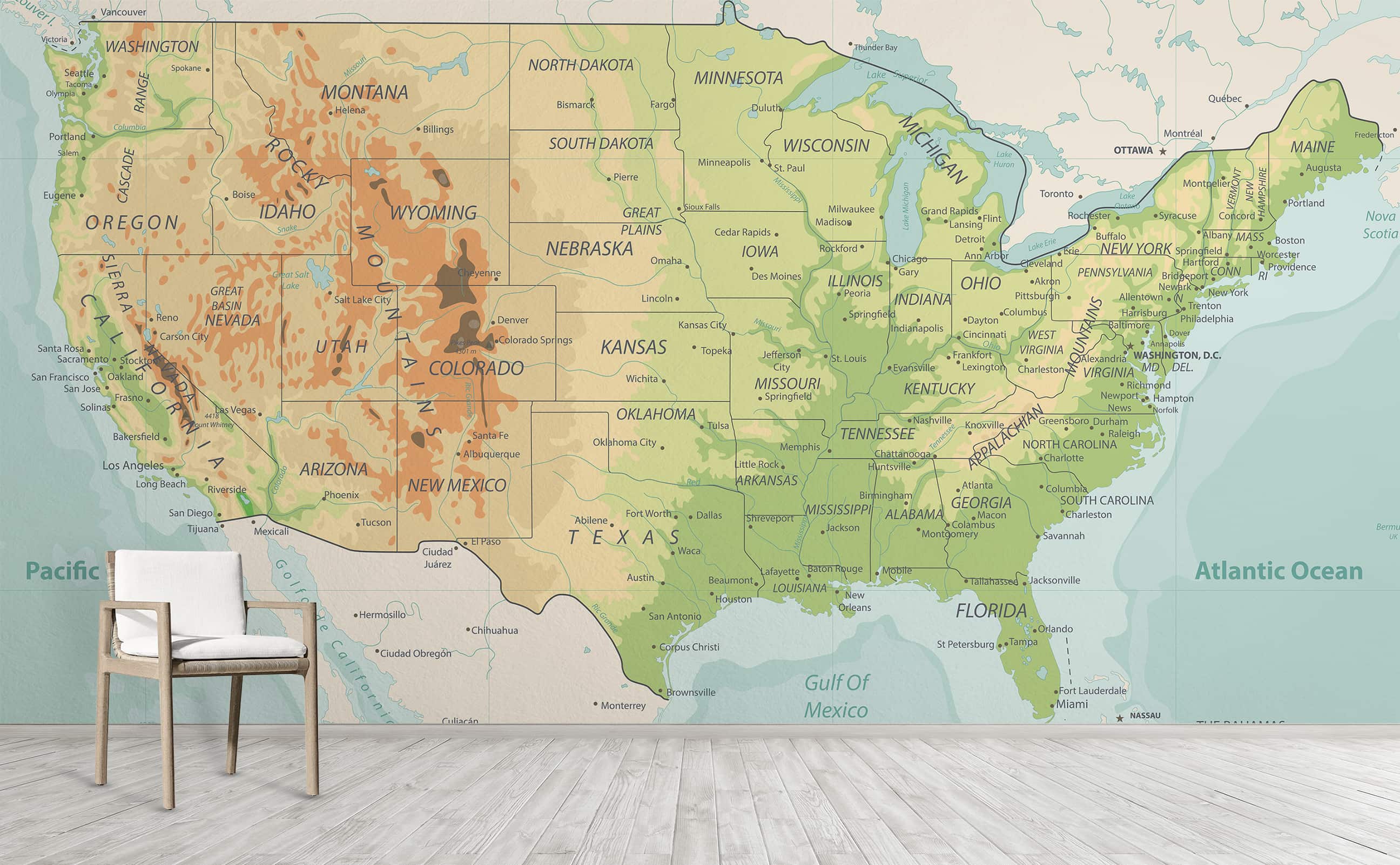 United States physical wallpaper map