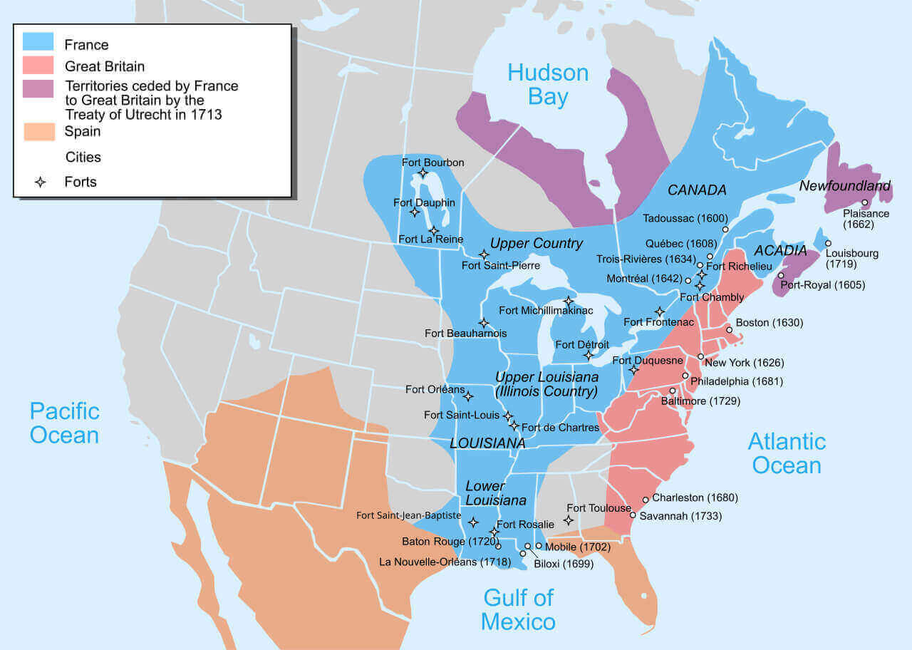 European colonization map with the United States in 1750