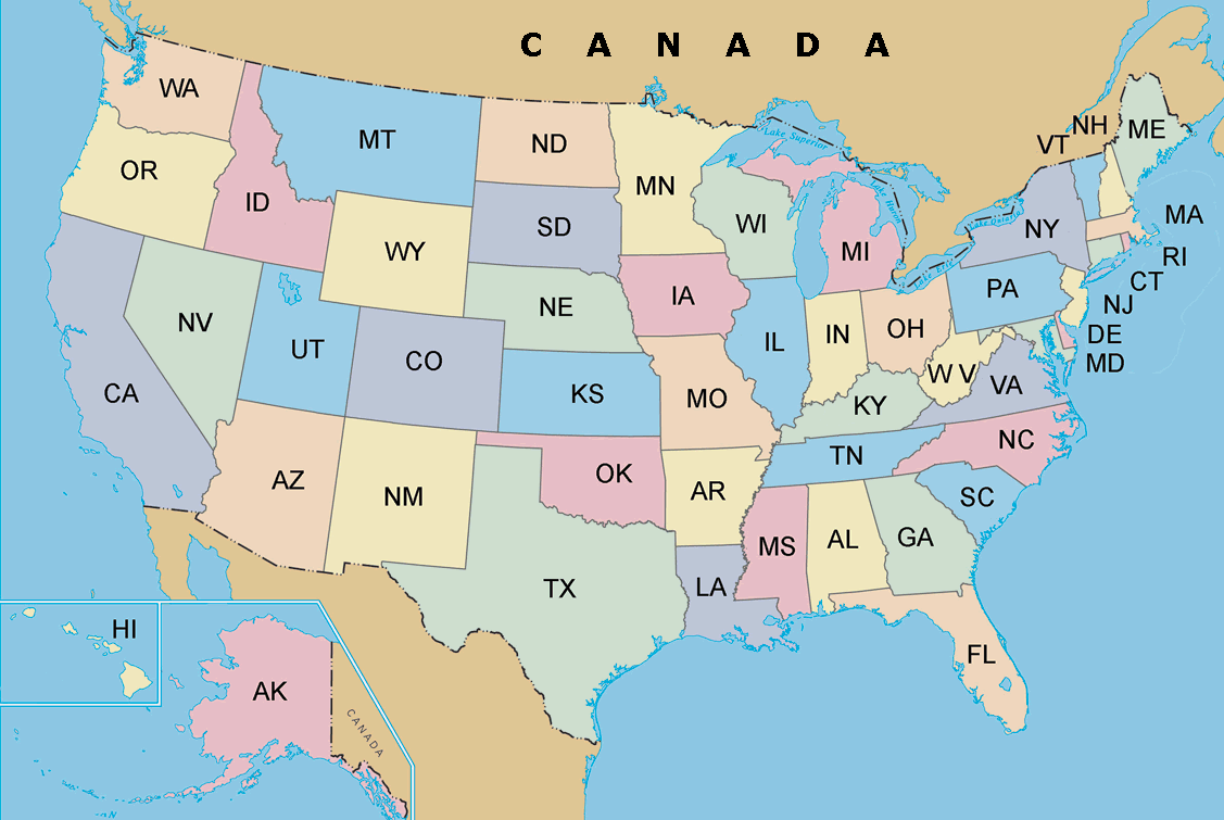 The United States map with states abbreviation