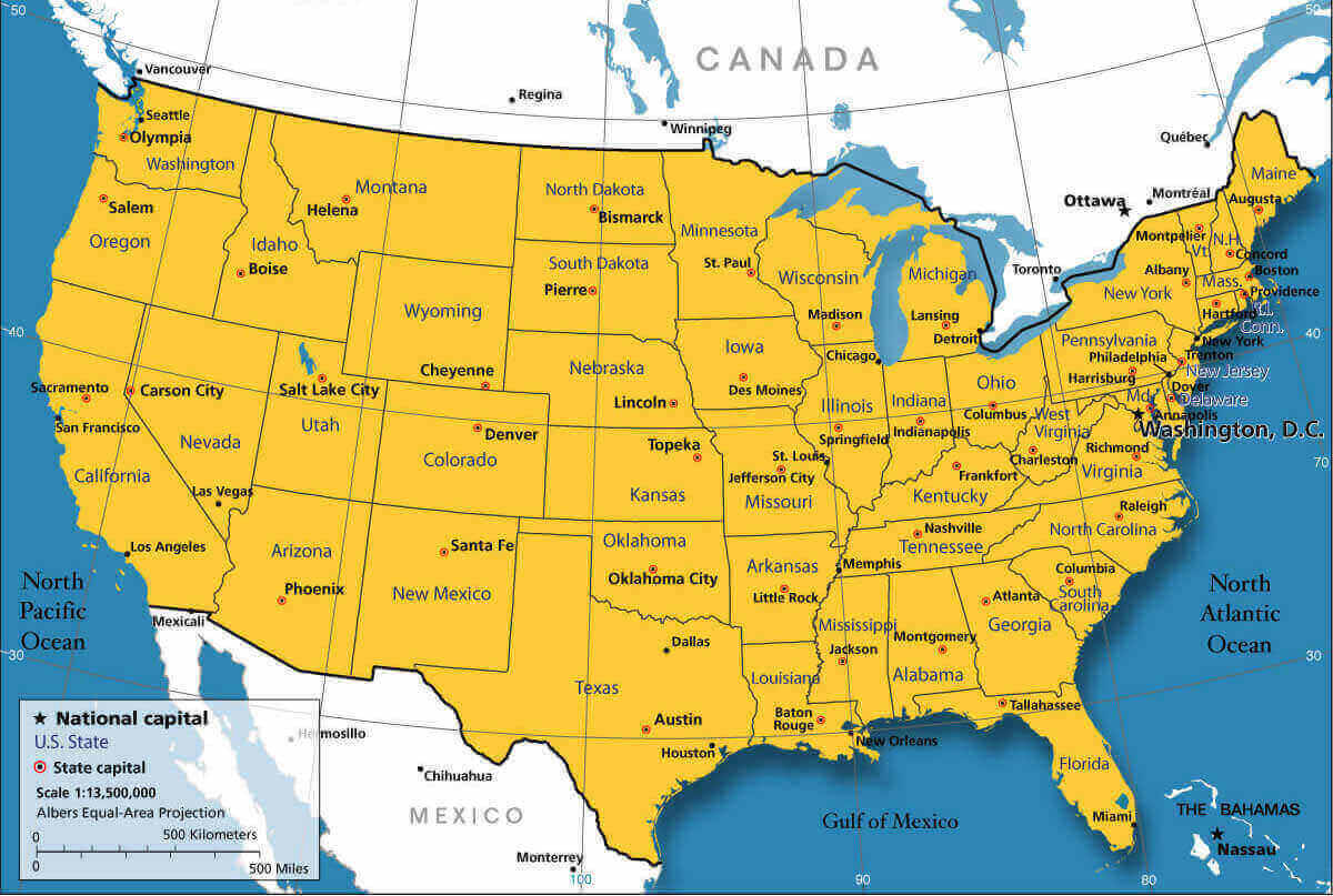 United States map states national capitals