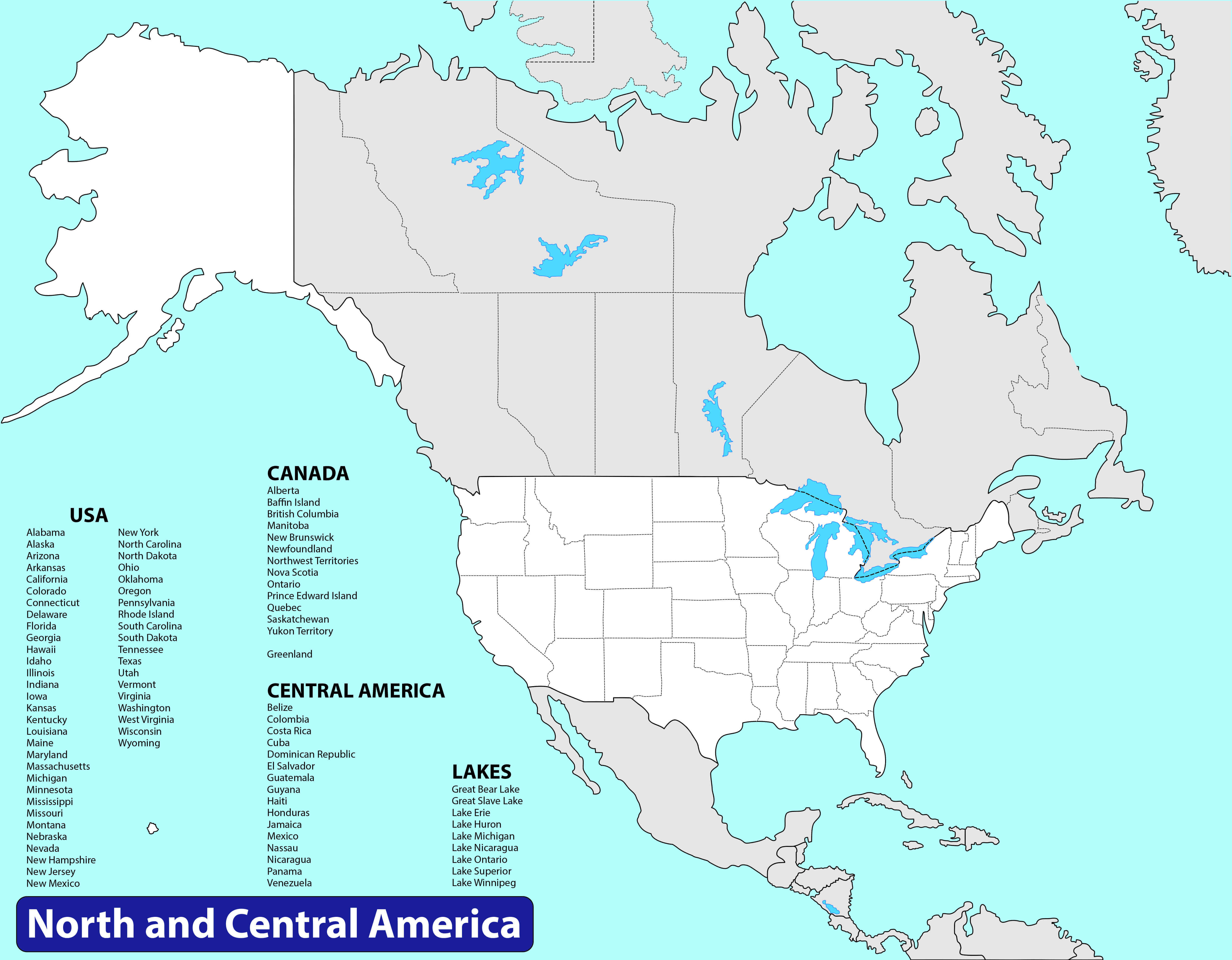 United States political map with north america and Central America