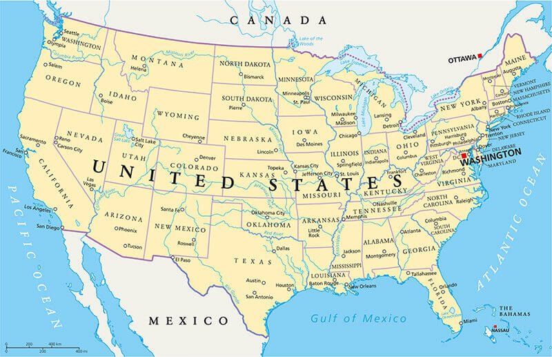United States political map with rivers