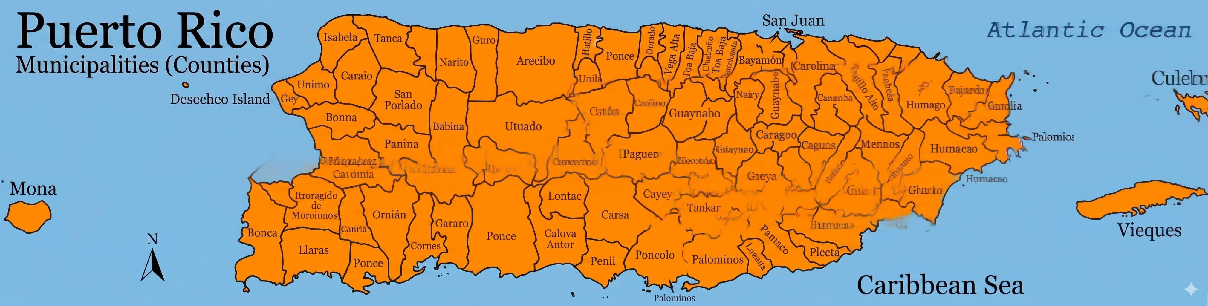 Puerto Rico orange municipality map detailed