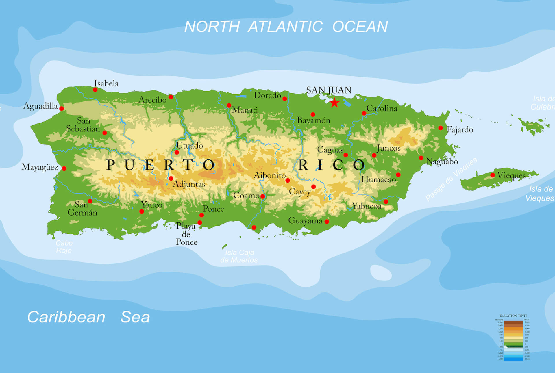 Puerto Rico physical map elevation relief