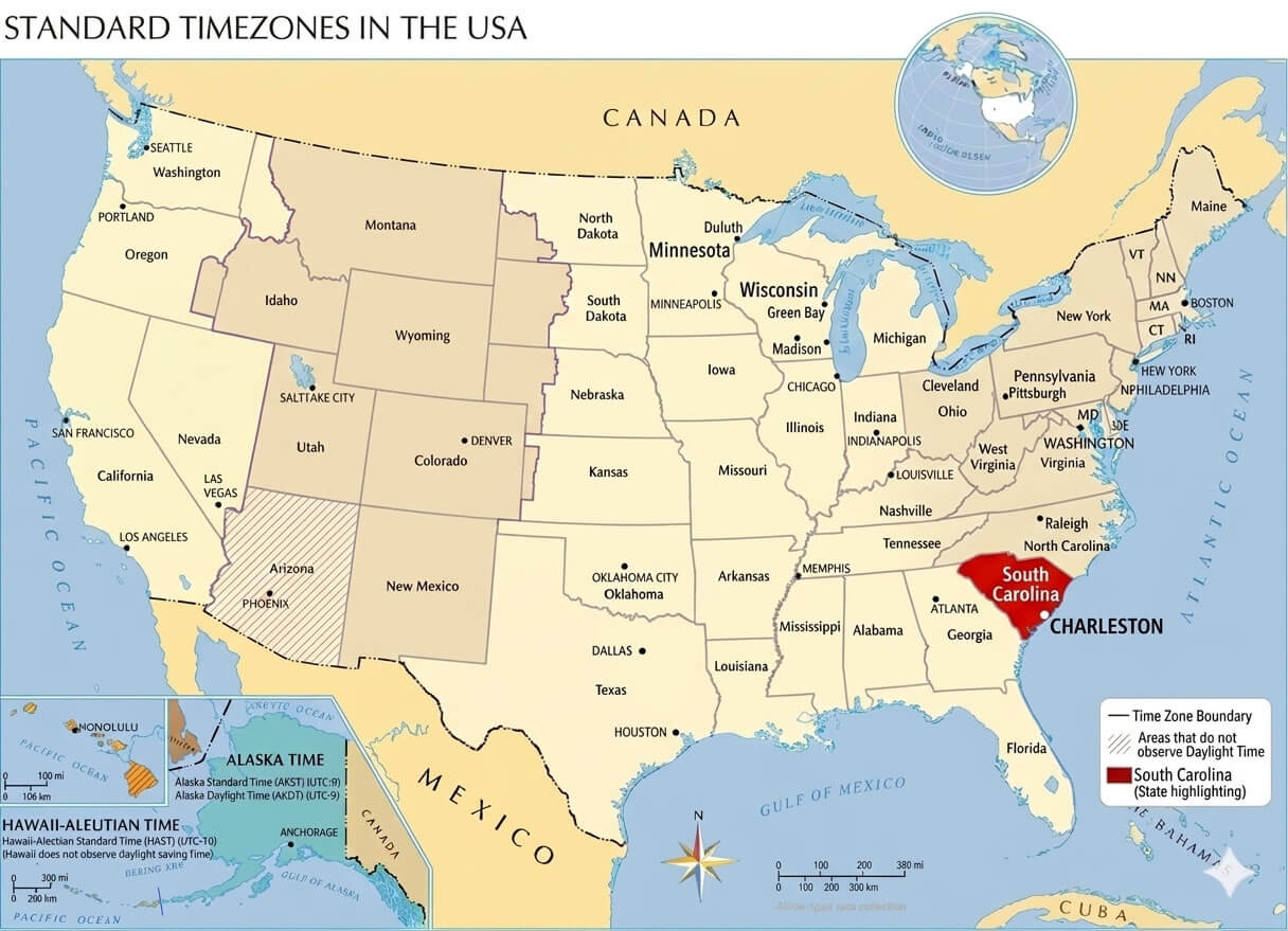 South Carolina time zone map