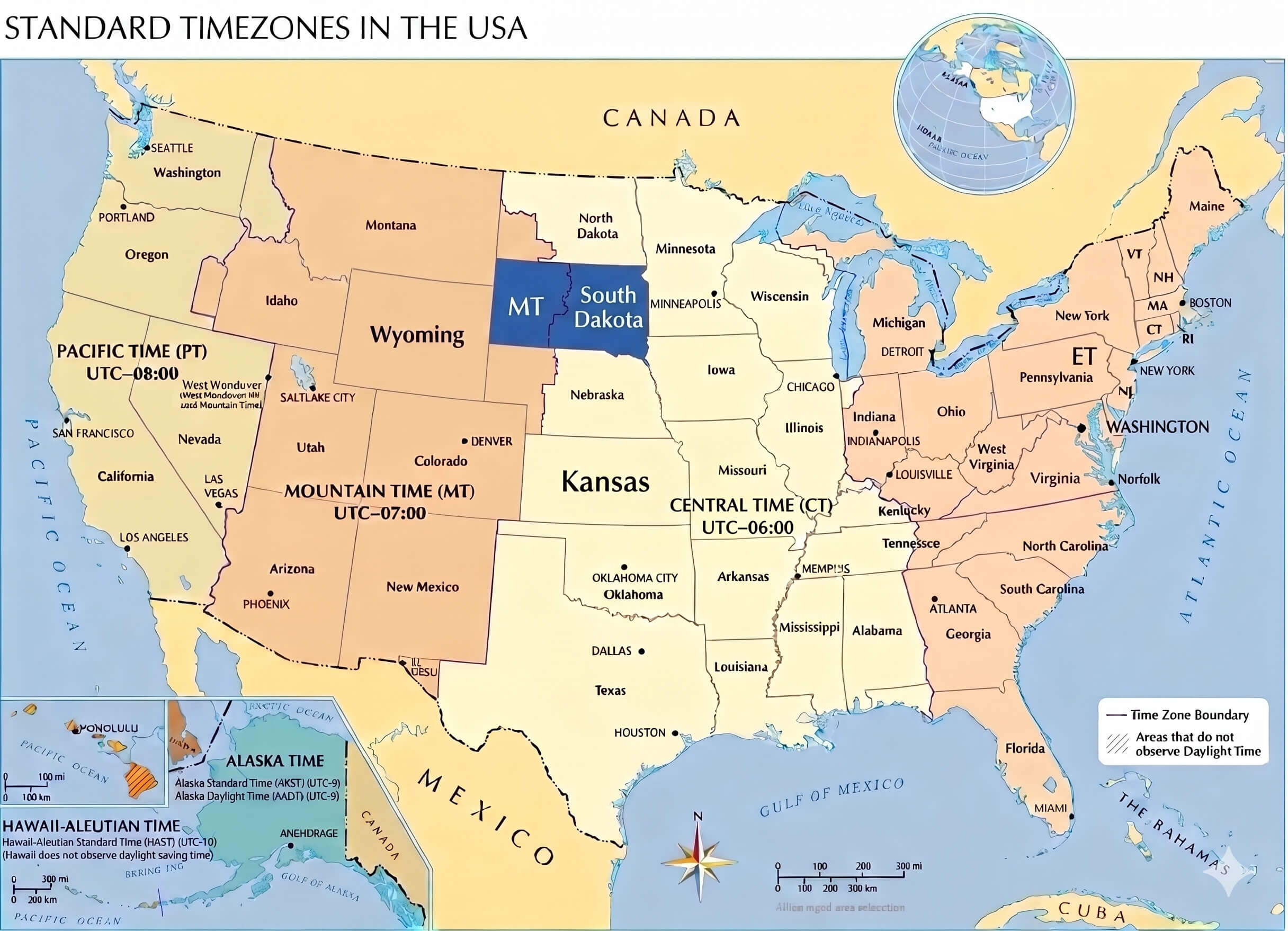 South Dakota time zone map