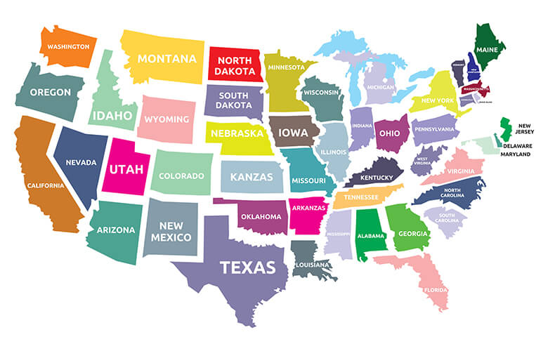 Colorful United States map by states