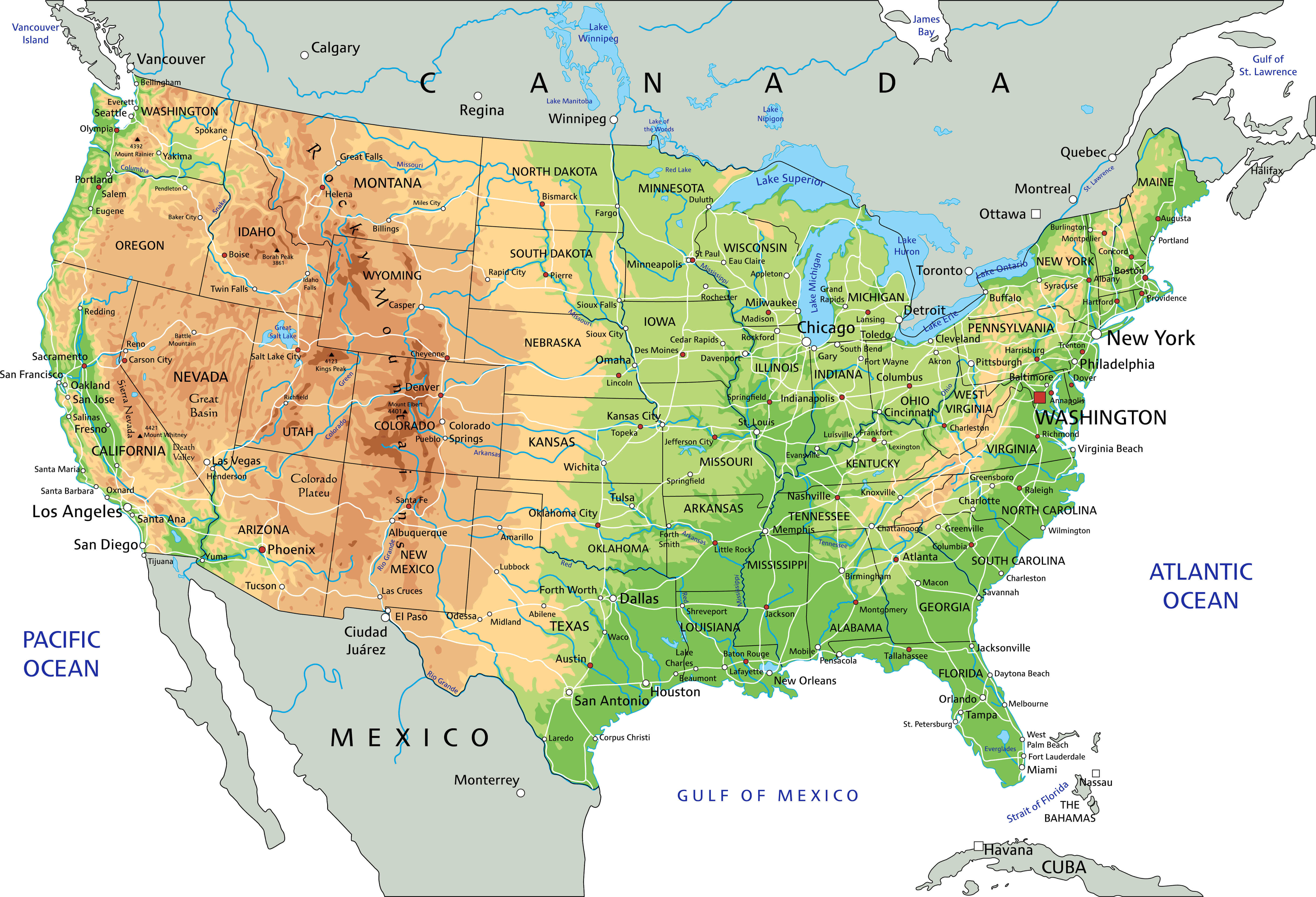 United States physical map by states