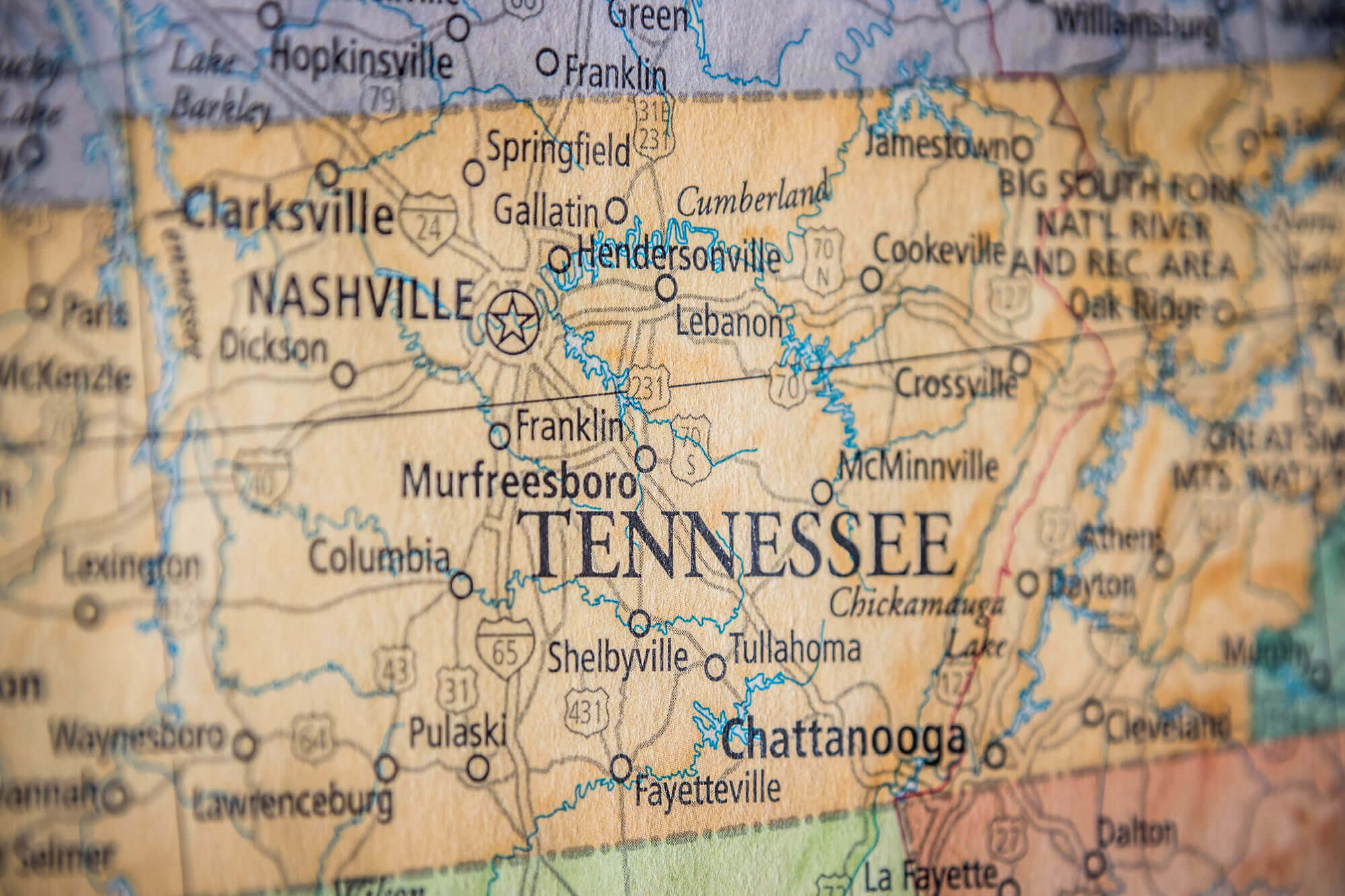 Geographic political map of Tennessee