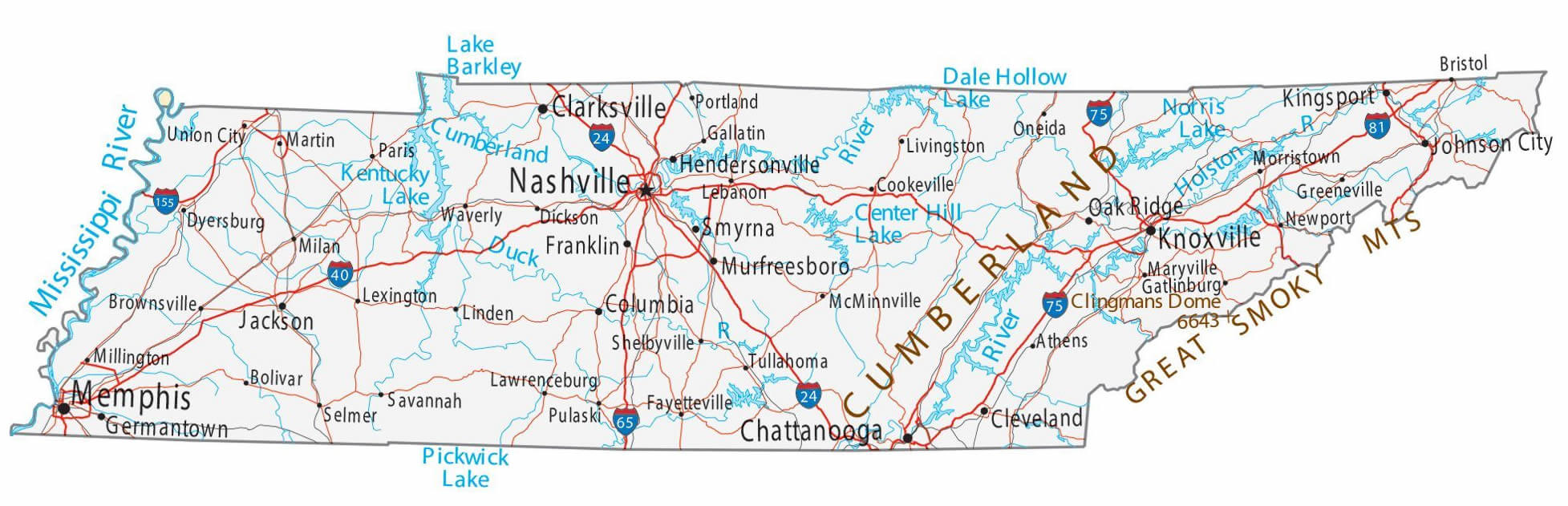 Map of Tennessee cities and roads