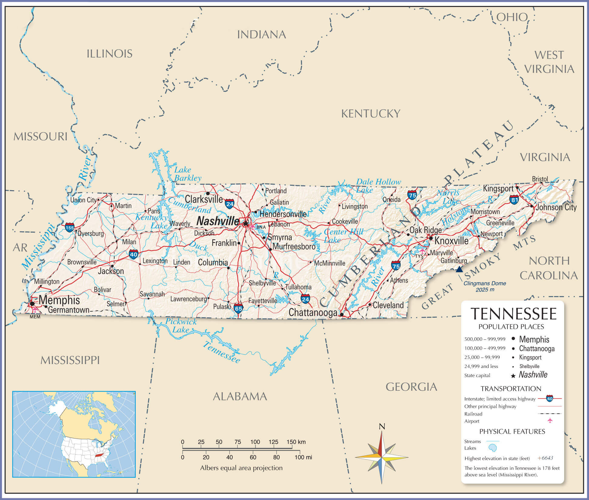 Map of the state of Tennessee USA