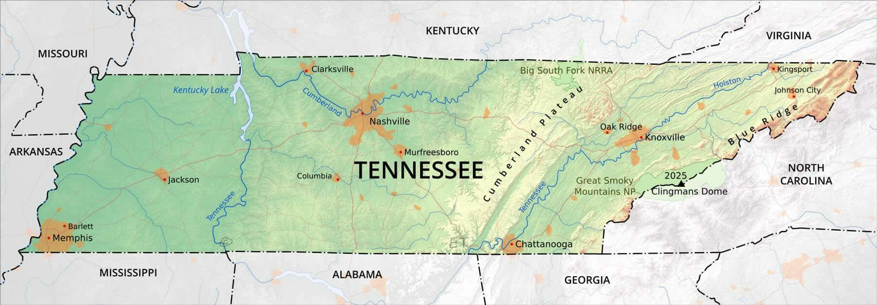 Tennessee Cities Map 28 Physical map of Tennessee with cities