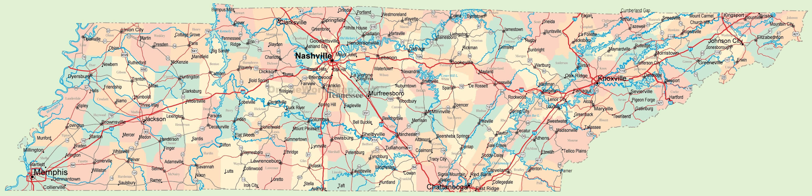 Road map of Tennessee with cities