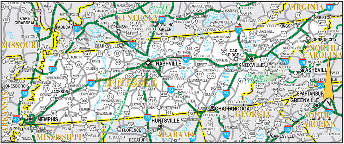 Tennessee cities map with nashville