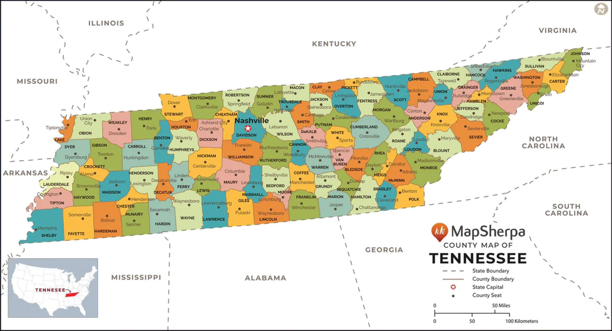 Tennessee county map with cities