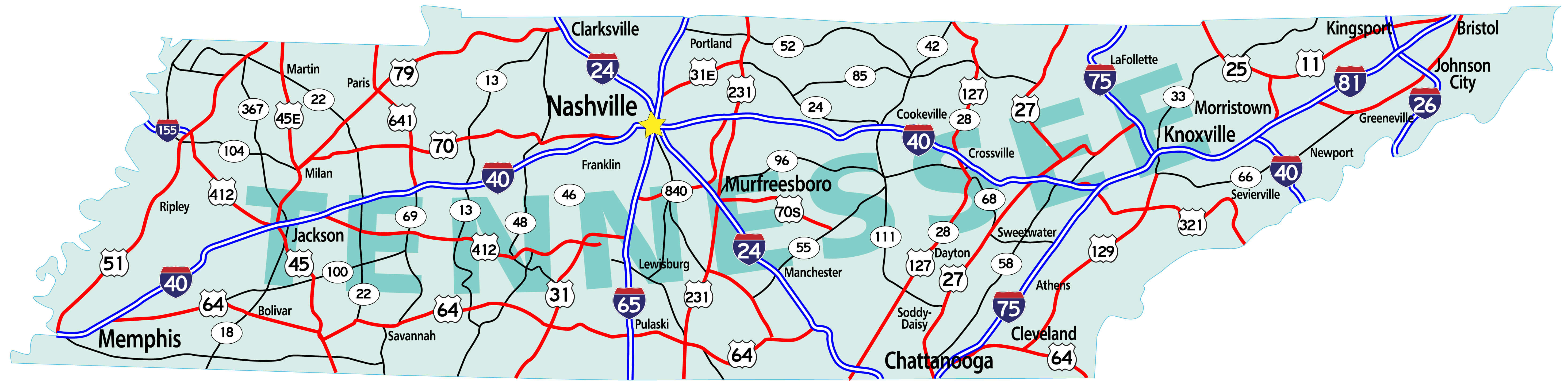 Tennessee interstate map with cities