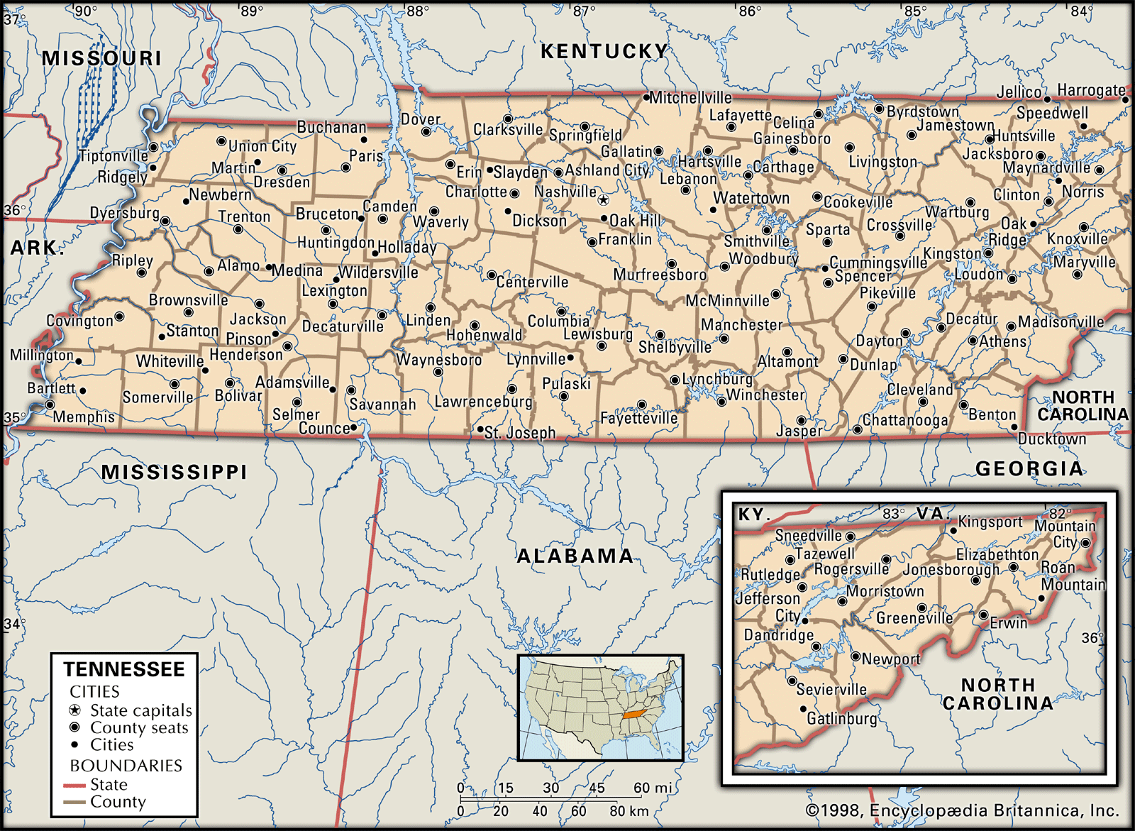 Tennessee map boundaries with cities