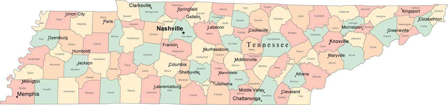 Tennessee map with counties capitals and major cities
