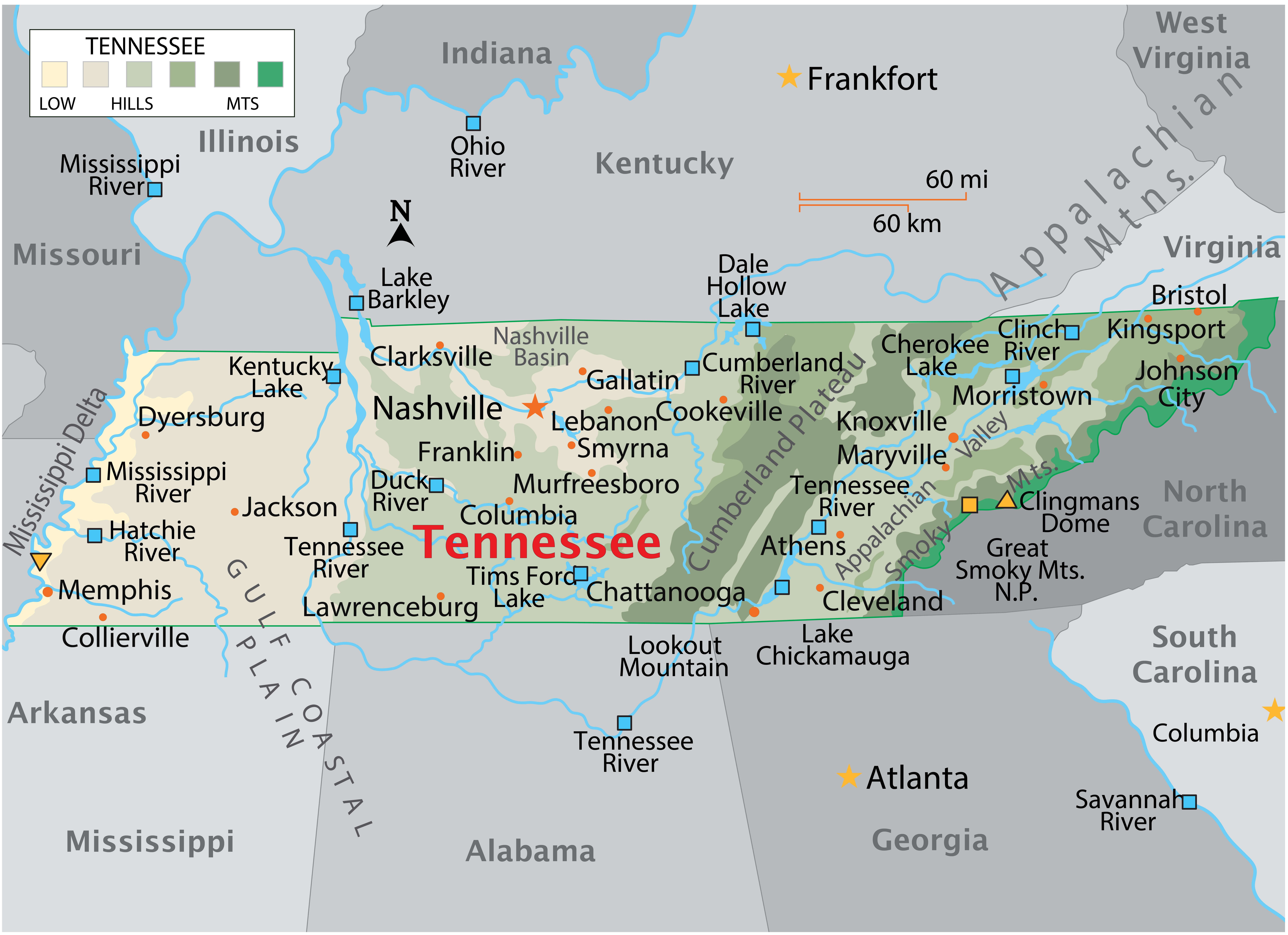 Tennessee physical map with main cities