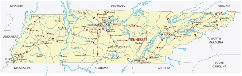 Tennessee rivers map with cities