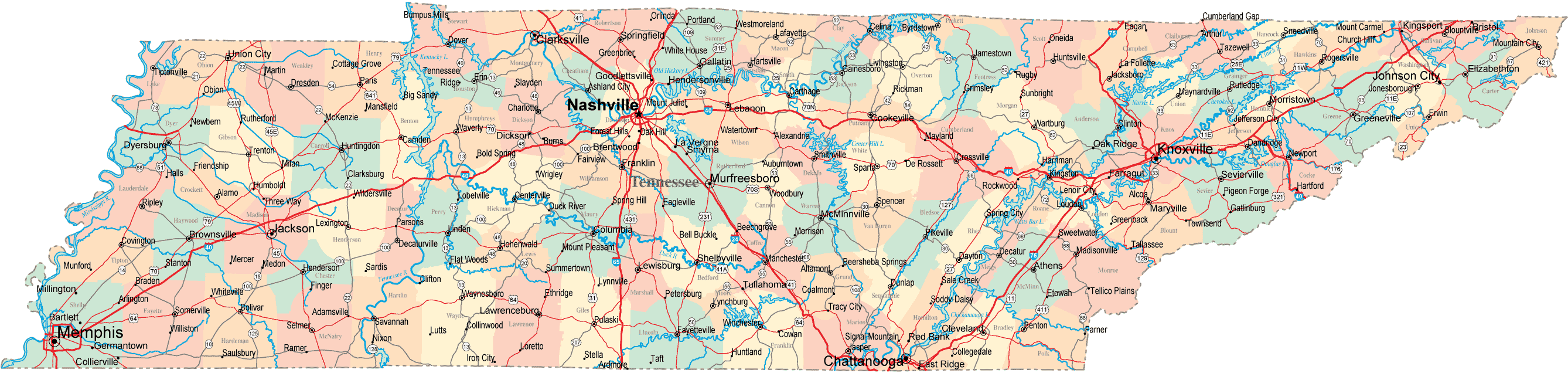 Tennessee road map with cities