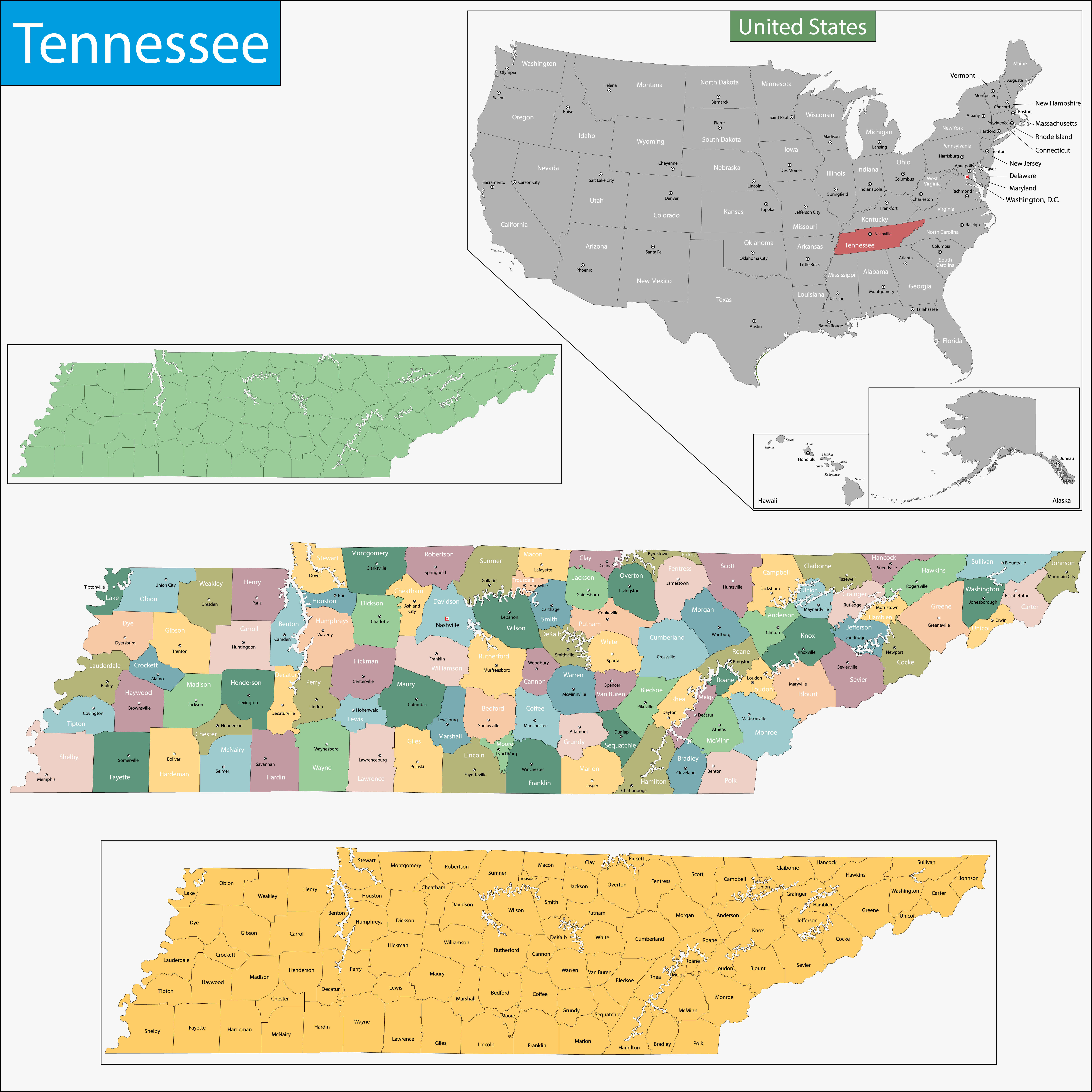 Tennessee state cities counties map with US