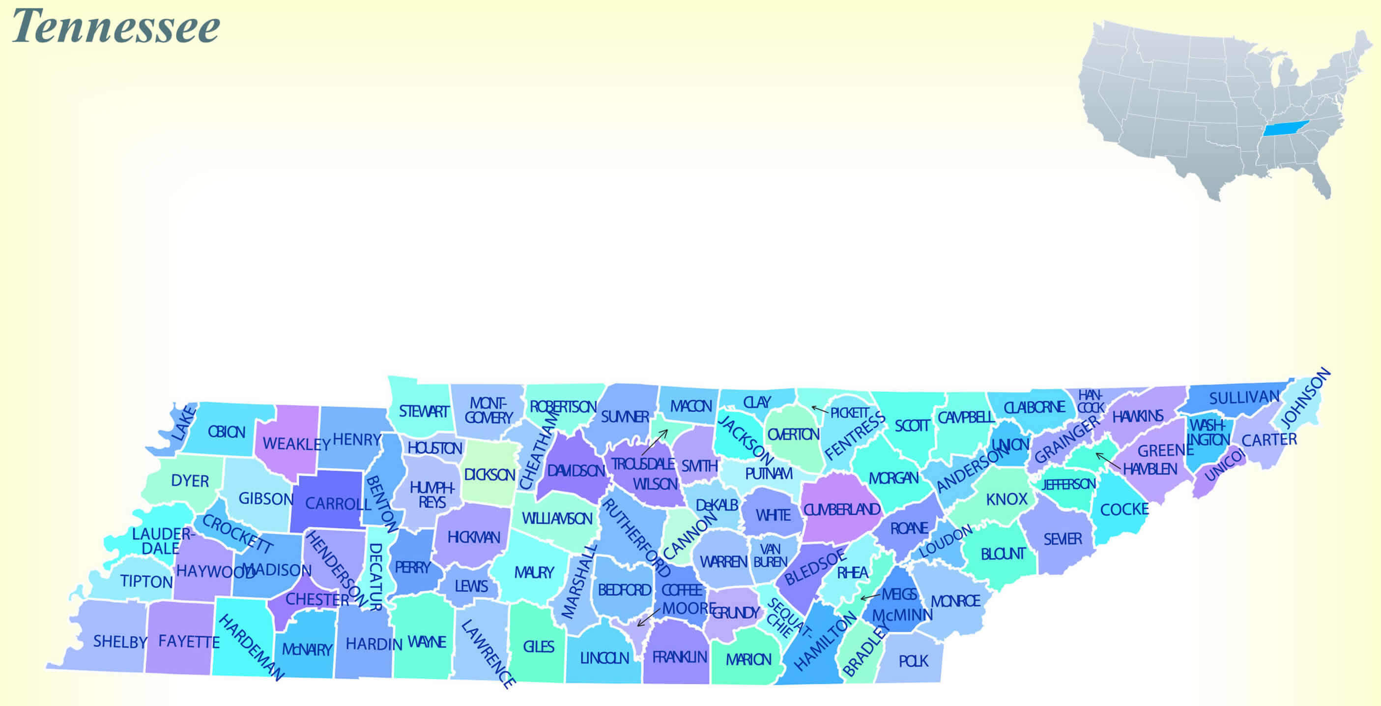Tennessee state map with counties US	