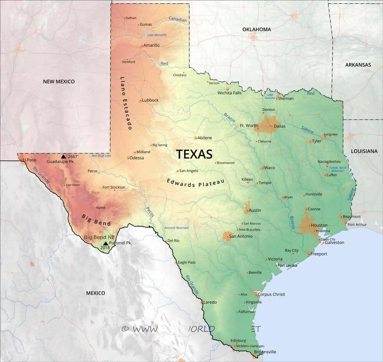 Texas Cities Map 38 Texas main cities physical map