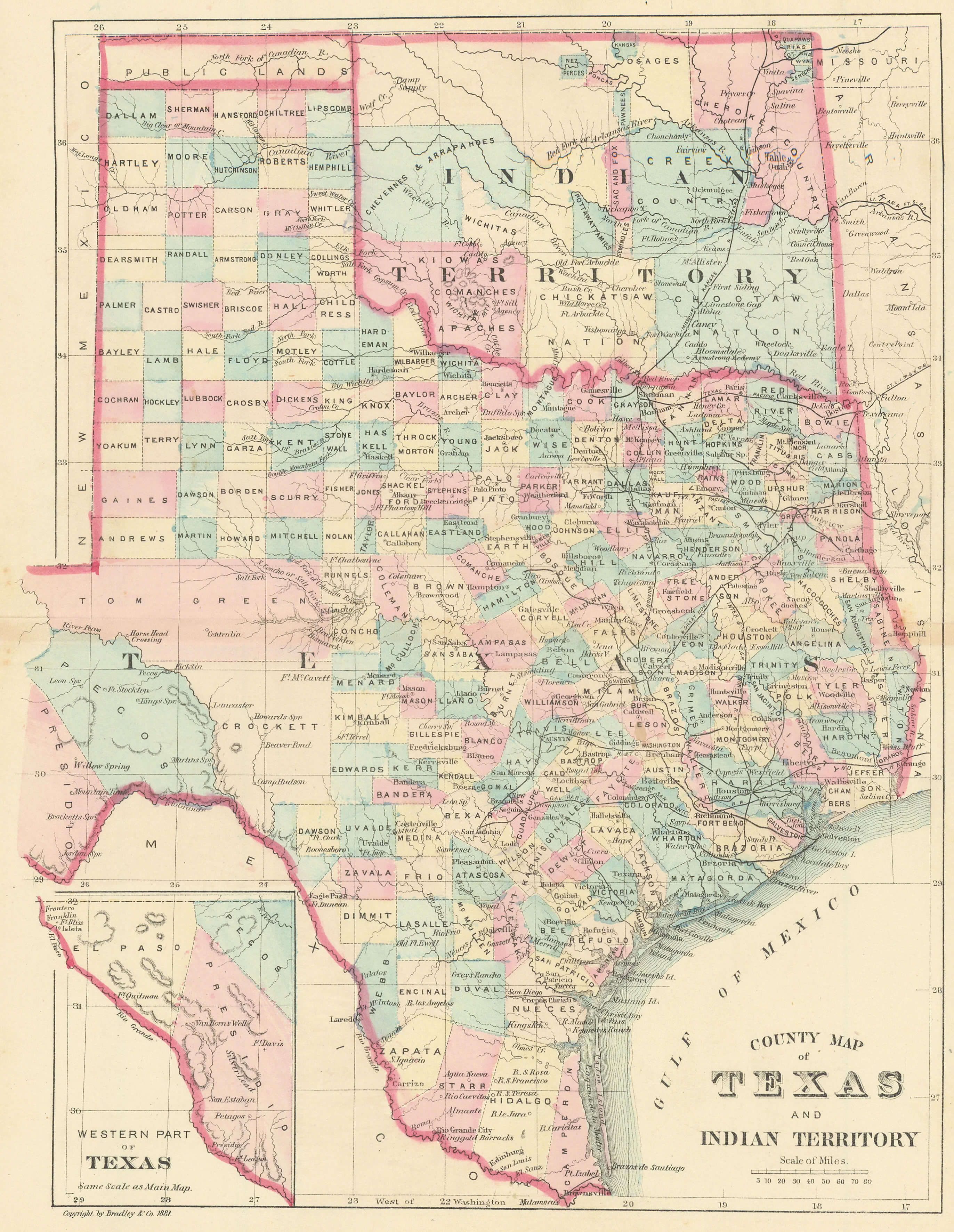 County map of Texas with indian territory